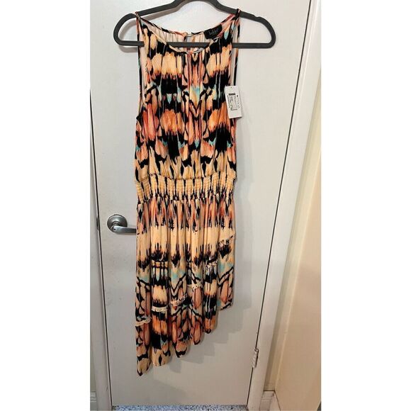 Belldini Peach Multi Color Smocked Dress Asymmetrical Womens SZ Petite L New - Picture 1 of 12